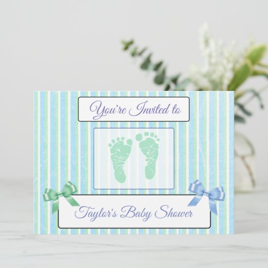 Baby shower van Blauwe en Groene Striped Boy nodig Kaart (Staand voorkant)