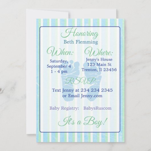 Baby shower van Blauwe en Groene Striped Boy nodig Kaart (Achterkant)