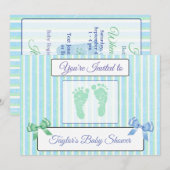 Baby shower van Blauwe en Groene Striped Boy nodig Kaart (Voorkant / Achterkant)