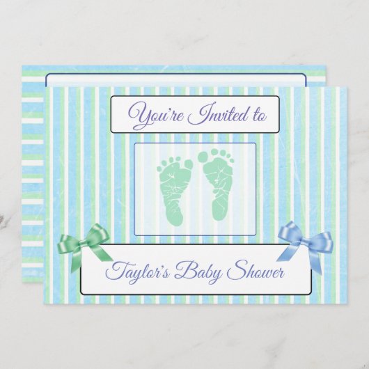 Baby shower van Blauwe en Groene Striped Boy nodig Kaart (Voorkant / Achterkant)