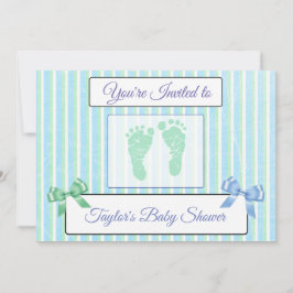Baby shower van Blauwe en Groene Striped Boy nodig Kaart