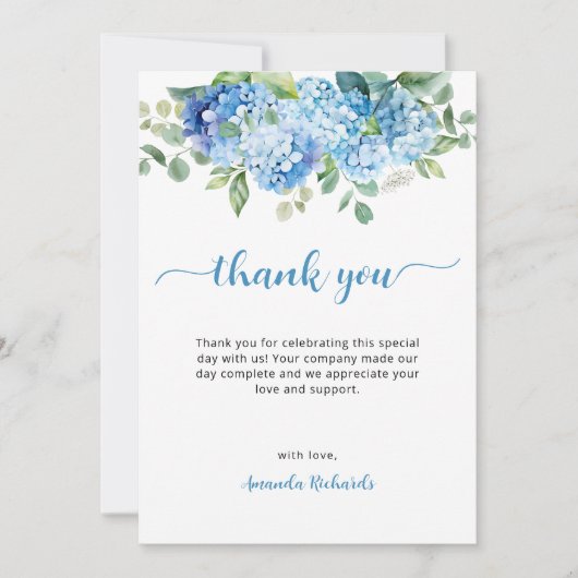 Baby shower van blauwe hydrangea bedankkaart (Voorkant)