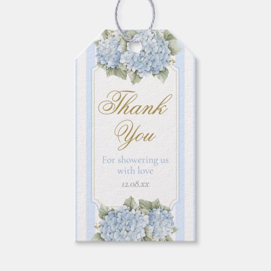 Baby shower van blauwe hydrangea cadeaulabel (Voorkant)