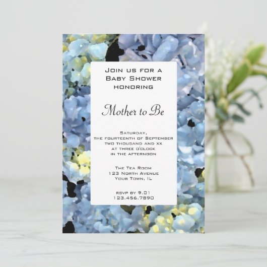 Baby shower van blauwe hydrangea kaart (Staand voorkant)