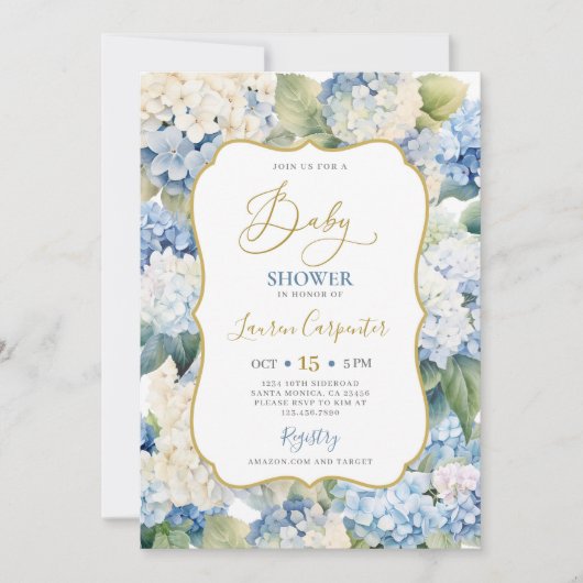 Baby shower van blauwe hydrangea kaart (Voorkant)