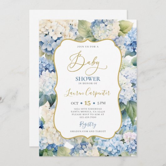 Baby shower van blauwe hydrangea kaart (Voorkant / Achterkant)