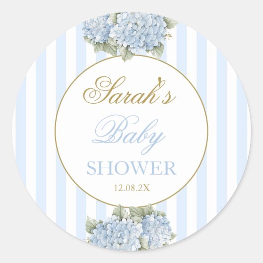 Baby shower van blauwe hydrangea ronde sticker (Voorkant)