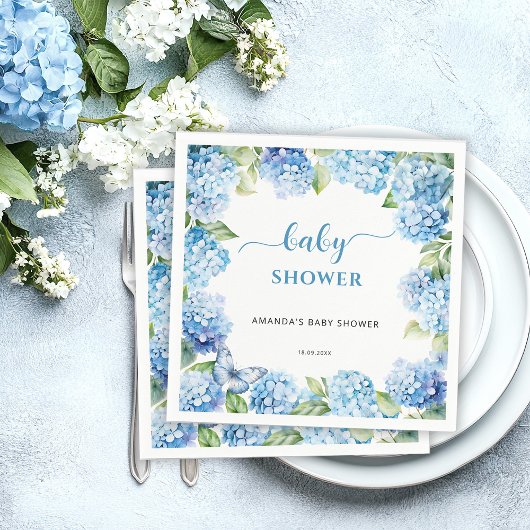 Baby shower van blauwe hydrangea servet