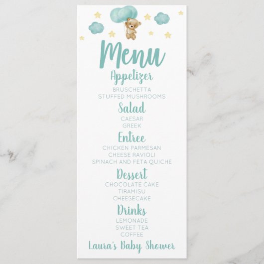 Baby shower van blauwe Teddy Bear en Balloons Menu (Voorkant)