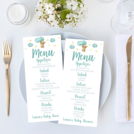 Baby shower van blauwe Teddy Bear en Balloons Menu