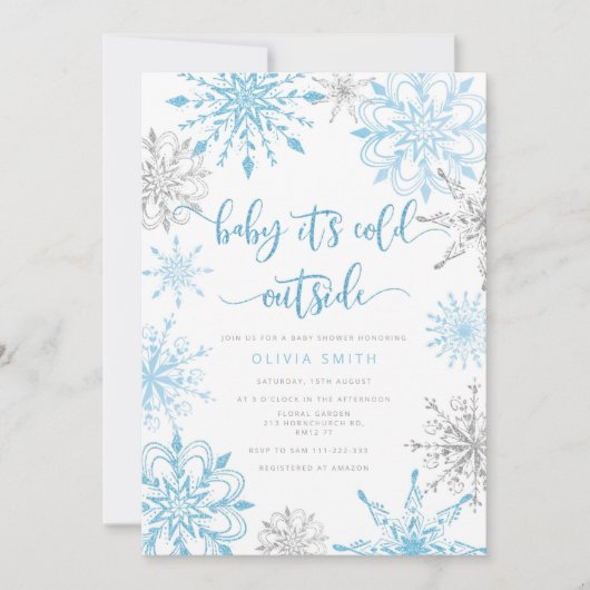 Baby shower van blauwe zilversneeuwvlokken kaart (Voorkant)