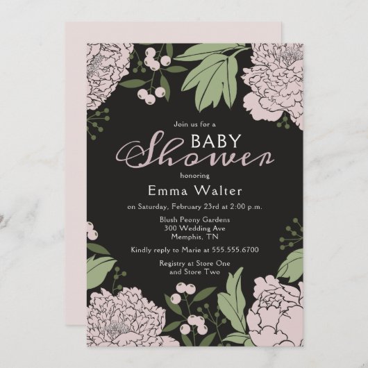 Baby shower van Blush Pink en Black Peonies Kaart (Voorkant / Achterkant)