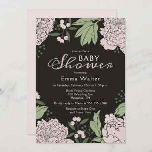 Baby shower van Blush Pink en Black Peonies Kaart