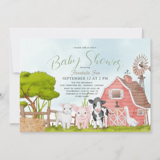 Baby shower van boerderijdieren kaart (Voorkant)