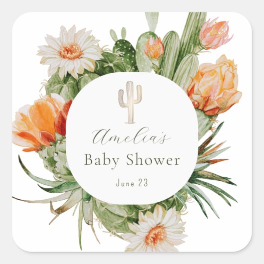 Baby shower van Boho cactus Vierkante Sticker (Voorkant)