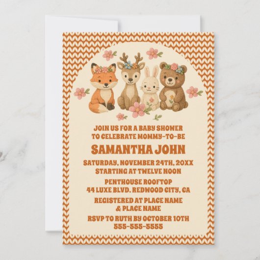 Baby shower van Boho Floral Knitted Woodland Anima Kaart (Voorkant)