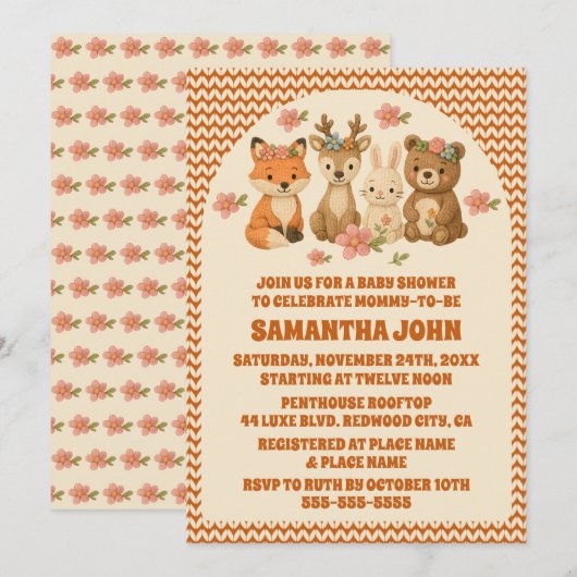 Baby shower van Boho Floral Knitted Woodland Anima Kaart (Voorkant / Achterkant)