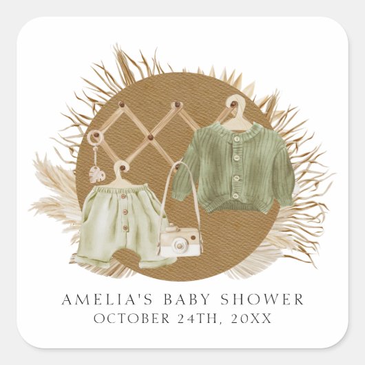 Baby shower van Boho Florals Vierkante Sticker (Voorkant)