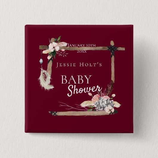 Baby shower van Boho Southwestern-Bourgogne Vierkante Button 5,1 Cm (Voorkant)