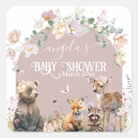 Baby shower van bosland met bloemmeisje vierkante sticker (Voorkant)