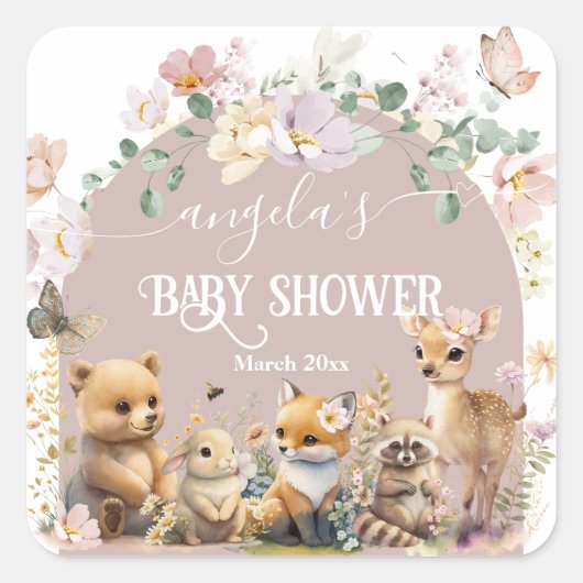 Baby shower van bosland, wildbloem vierkante sticker (Voorkant)