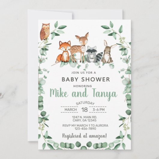 Baby shower van boslanddieren, eucalyptus. kaart (Voorkant)