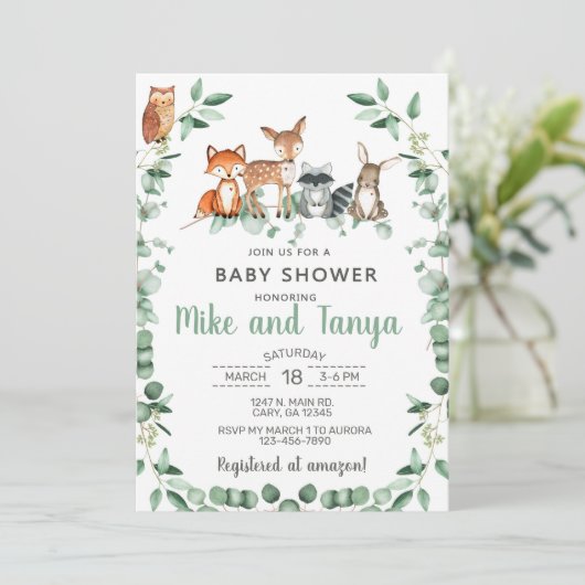 Baby shower van boslanddieren, eucalyptus. kaart (Staand voorkant)