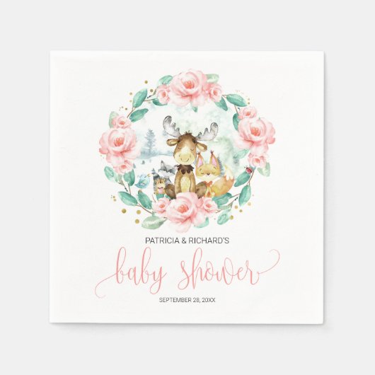 Baby shower van boslanddieren Floral Greenery Servet (Voorkant)