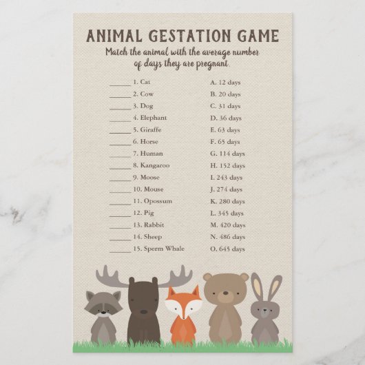 Baby shower van bossen Dierenbebossingsspel Quiz (Voorkant)