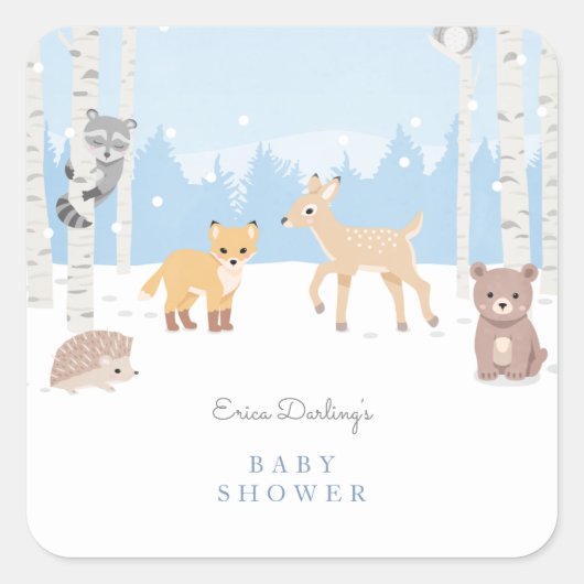 Baby shower van bossen | winterbos vierkante sticker (Voorkant)
