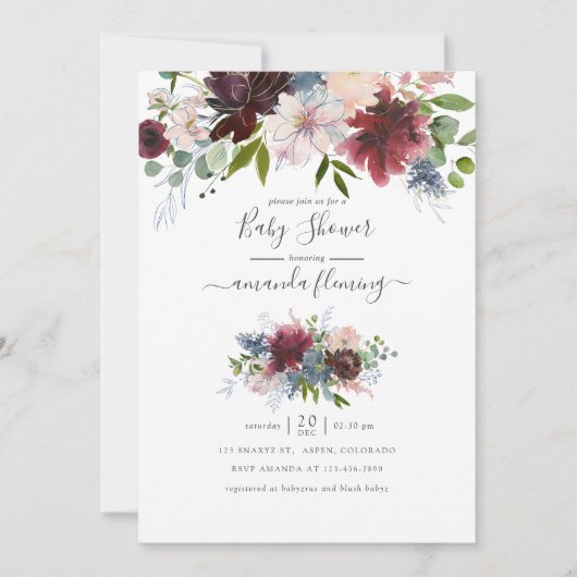 Baby shower van Bourgogne, marine en Blush Floral Kaart (Voorkant)