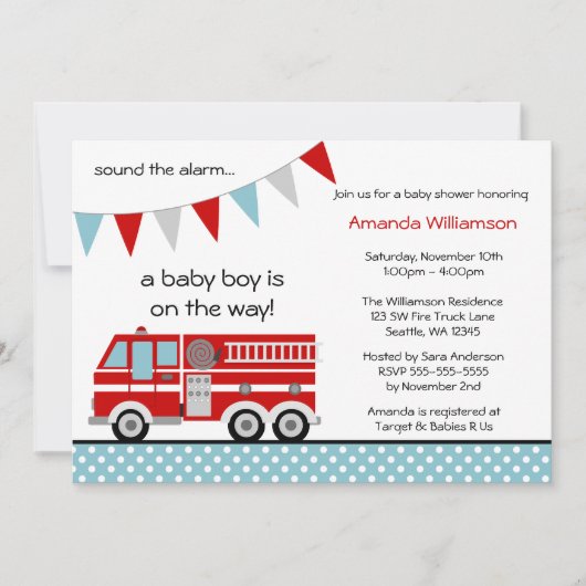Baby shower van brandweerman Polka Dot Banner Boy Kaart (Voorkant)