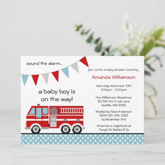 Baby shower van brandweerman Polka Dot Banner Boy Kaart (Staand voorkant)