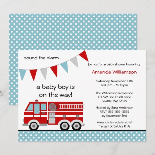Baby shower van brandweerman Polka Dot Banner Boy Kaart (Voorkant / Achterkant)