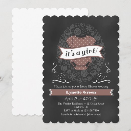 Baby shower van bruin Chalkboard Girl Invite Kaart (Voorkant / Achterkant)