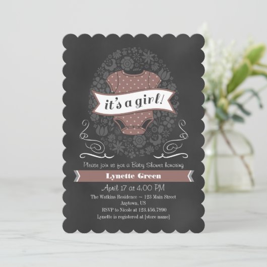 Baby shower van bruin Chalkboard Girl Invite Kaart (Staand voorkant)