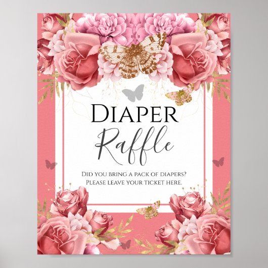 Baby shower van Butterfly Diaper Raffle Party Sign Poster (Voorkant)