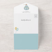 Baby shower van de blauwe luchtballon omhoog en we all in one uitnodiging (Buitenkant)
