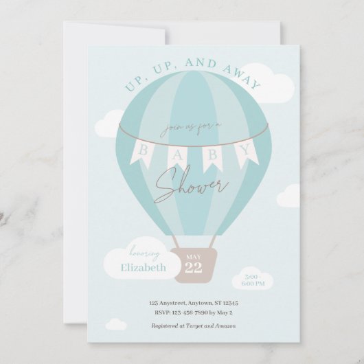 Baby shower van de blauwe luchtballon omhoog en we kaart (Voorkant)