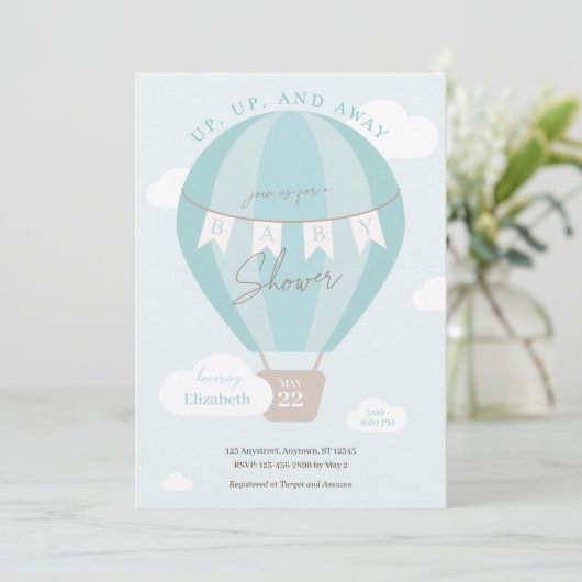 Baby shower van de blauwe luchtballon omhoog en we kaart (Staand voorkant)