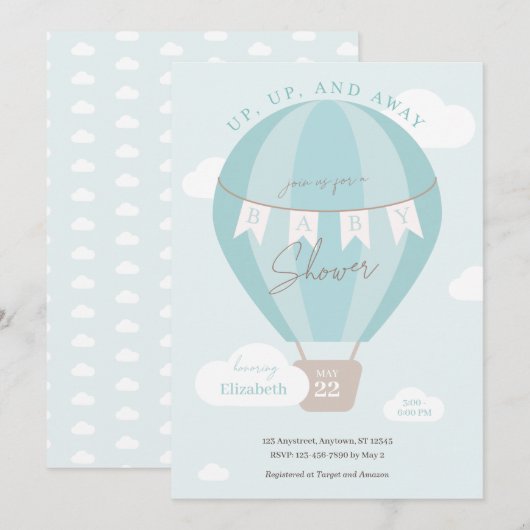 Baby shower van de blauwe luchtballon omhoog en we kaart (Voorkant / Achterkant)
