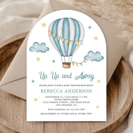 Baby shower van de blauwe luchtballon omhoog en we kaart