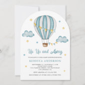 Baby shower van de blauwe luchtballon omhoog en we kaart (Voorkant)