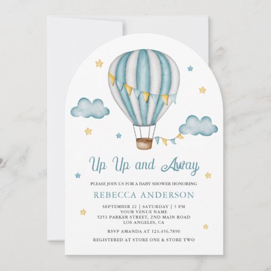 Baby shower van de blauwe luchtballon omhoog en we kaart (Voorkant)