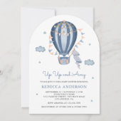 Baby shower van de blauwe luchtballon omhoog en we kaart (Voorkant)