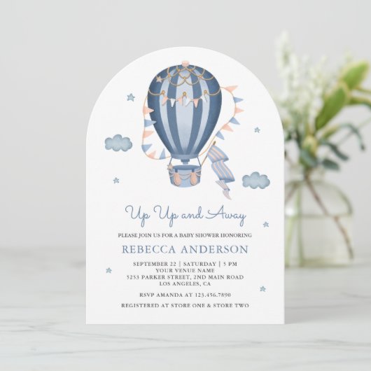 Baby shower van de blauwe luchtballon omhoog en we kaart (Staand voorkant)