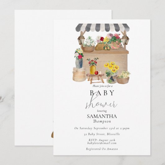 Baby shower van de Bloemenmarkt van de waterverf Kaart (Voorkant / Achterkant)