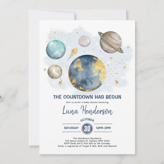 Baby shower van de buitenruimteuter Moon Stars Gal Kaart (Voorkant)