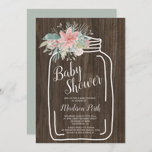 Baby shower van de florale mason van de roesthout kaart (Voorkant / Achterkant)