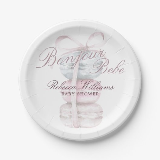 Baby shower van de Franse Macaron Bonjour Bebe Papieren Bordje (Voorkant)